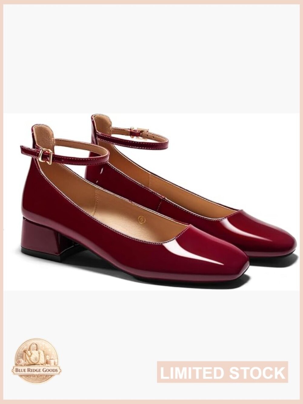 Chunky Low Heel Pumps Square Toe Ankle Strap Wedding Dress Shoes